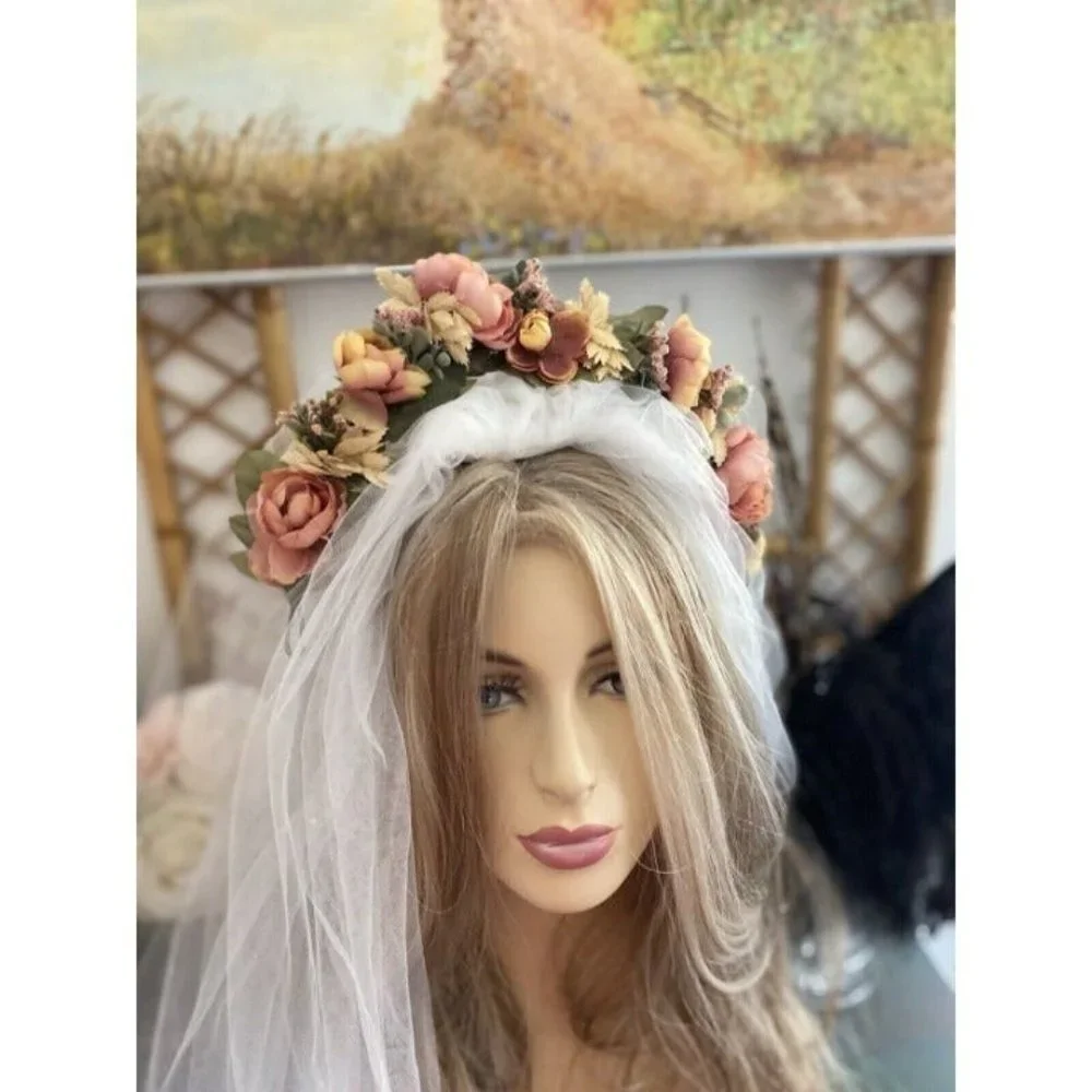 Vintage Bridal Wedding Hair Accessory Crown Earth Tones Boho Unique Handmade 70s